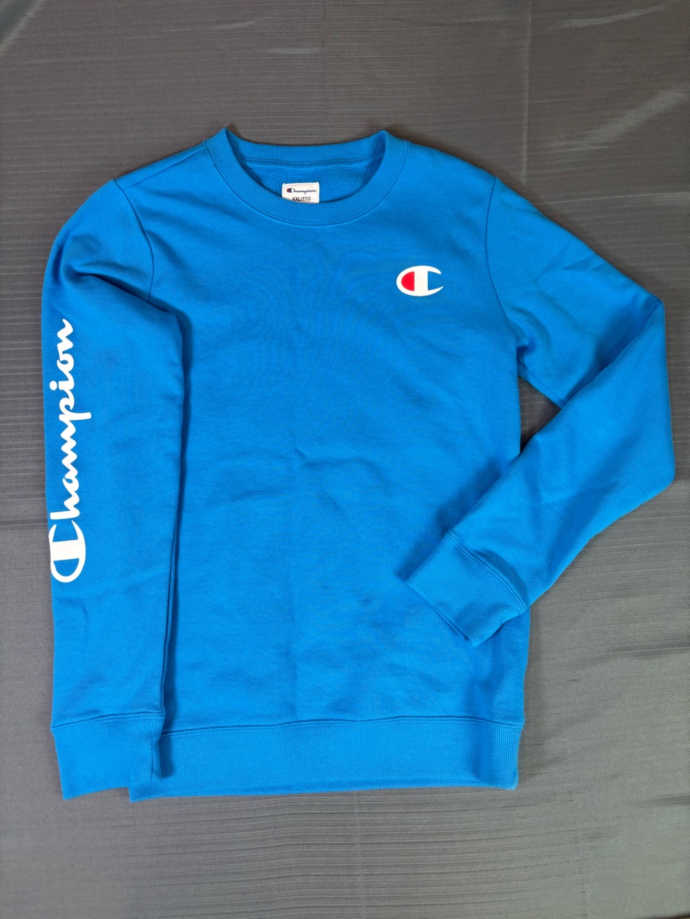 Champion Kids XXL Blue Crewneck Sweatshirt Big Logo Sleeve Spellout Pullover